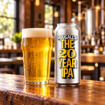 Dougall's The 20 Year IPA: envase junto a cerveza servida en ambiente