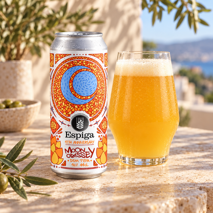 Espiga Moon Odissey: cerveza servida junto a la lata