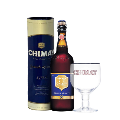 Chimay Grande Réserve 75cl en tubo metálico y con copa