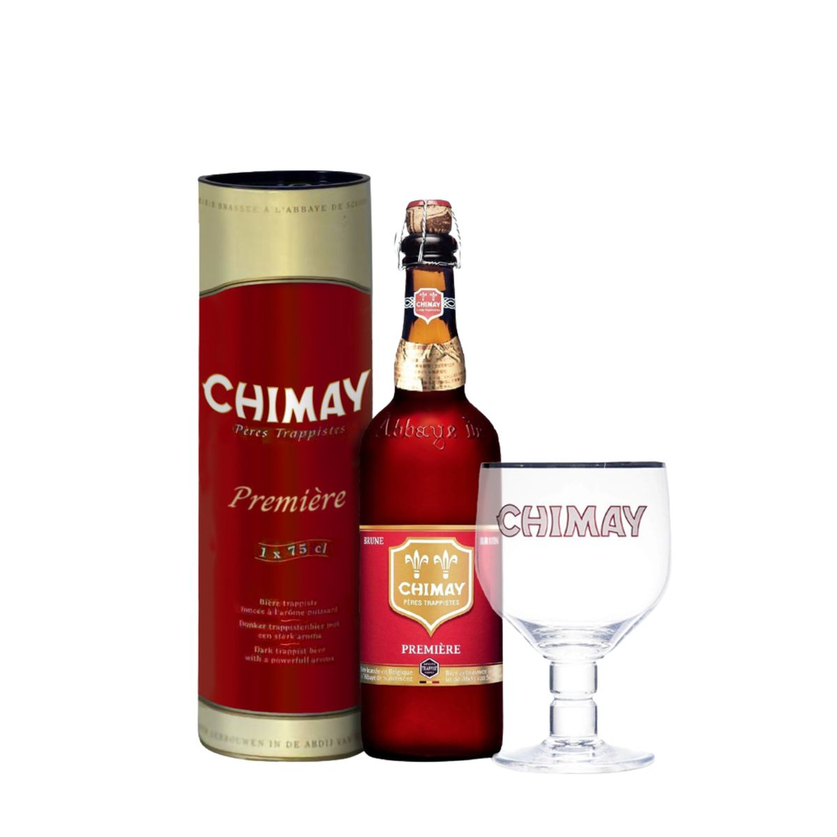 Chimay Première 75cl en tubo metálico y con copa