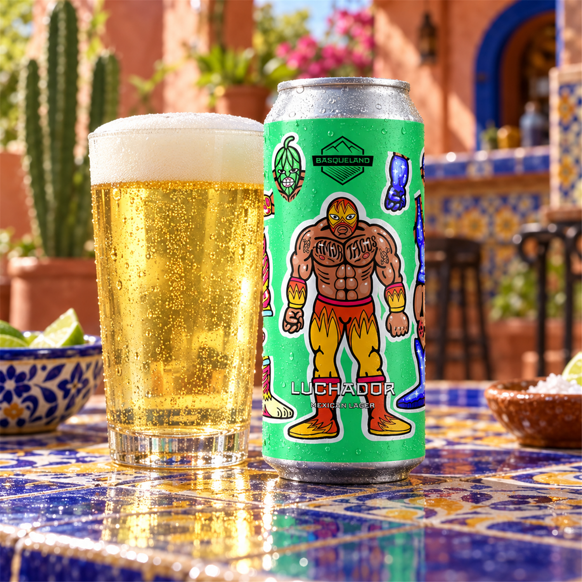 Basqueland Luchador: bebida servida en vaso junto a su envase