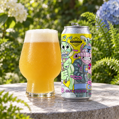Basqueland Outsiders: bebida servida en vaso junto a su envase