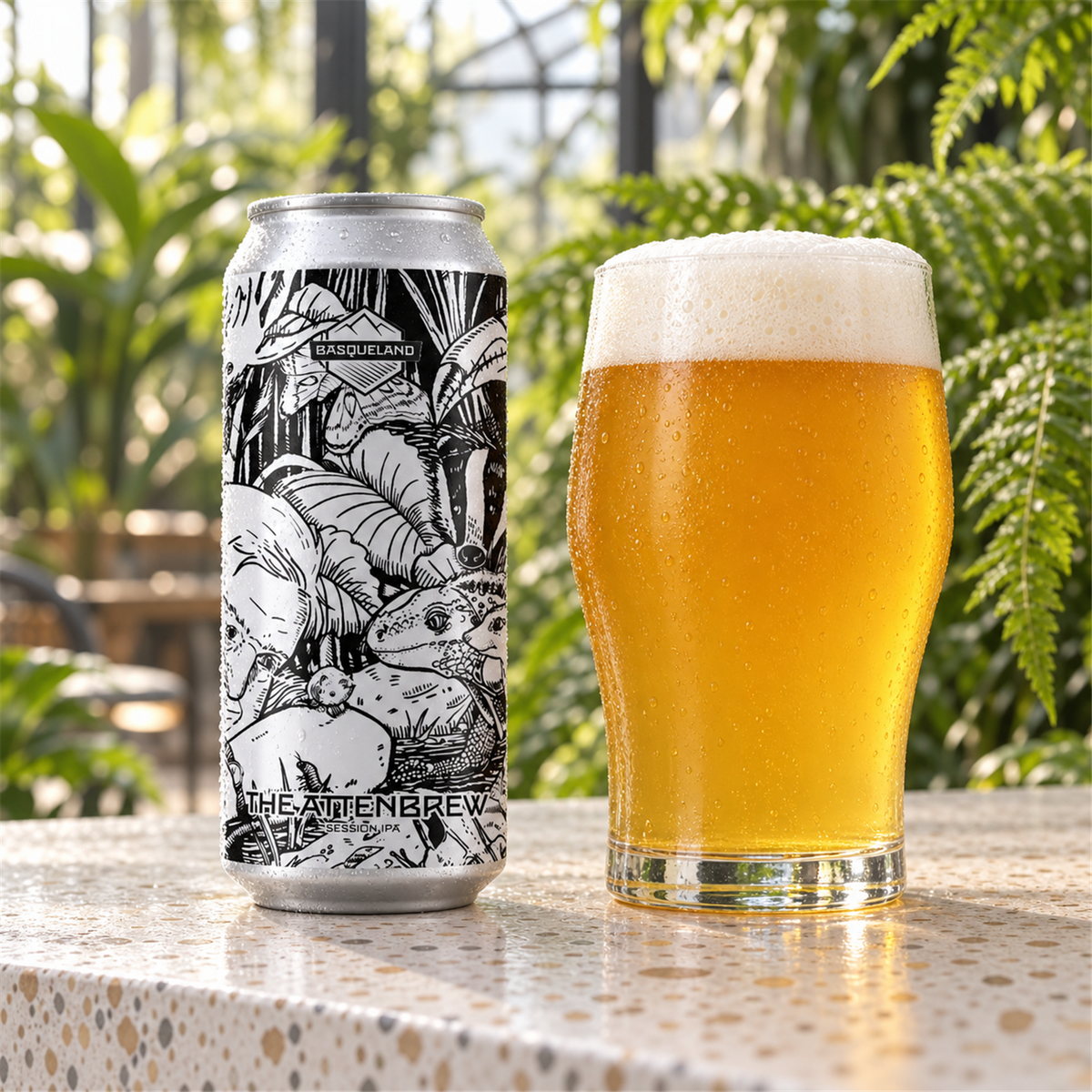 Basqueland The Attenbrew: bebida servida en vaso junto a su envase