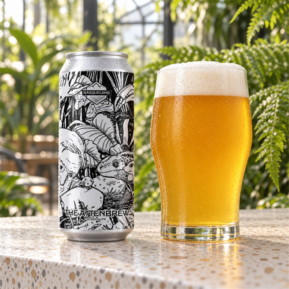 Basqueland The Attenbrew: bebida servida en vaso junto a su envase