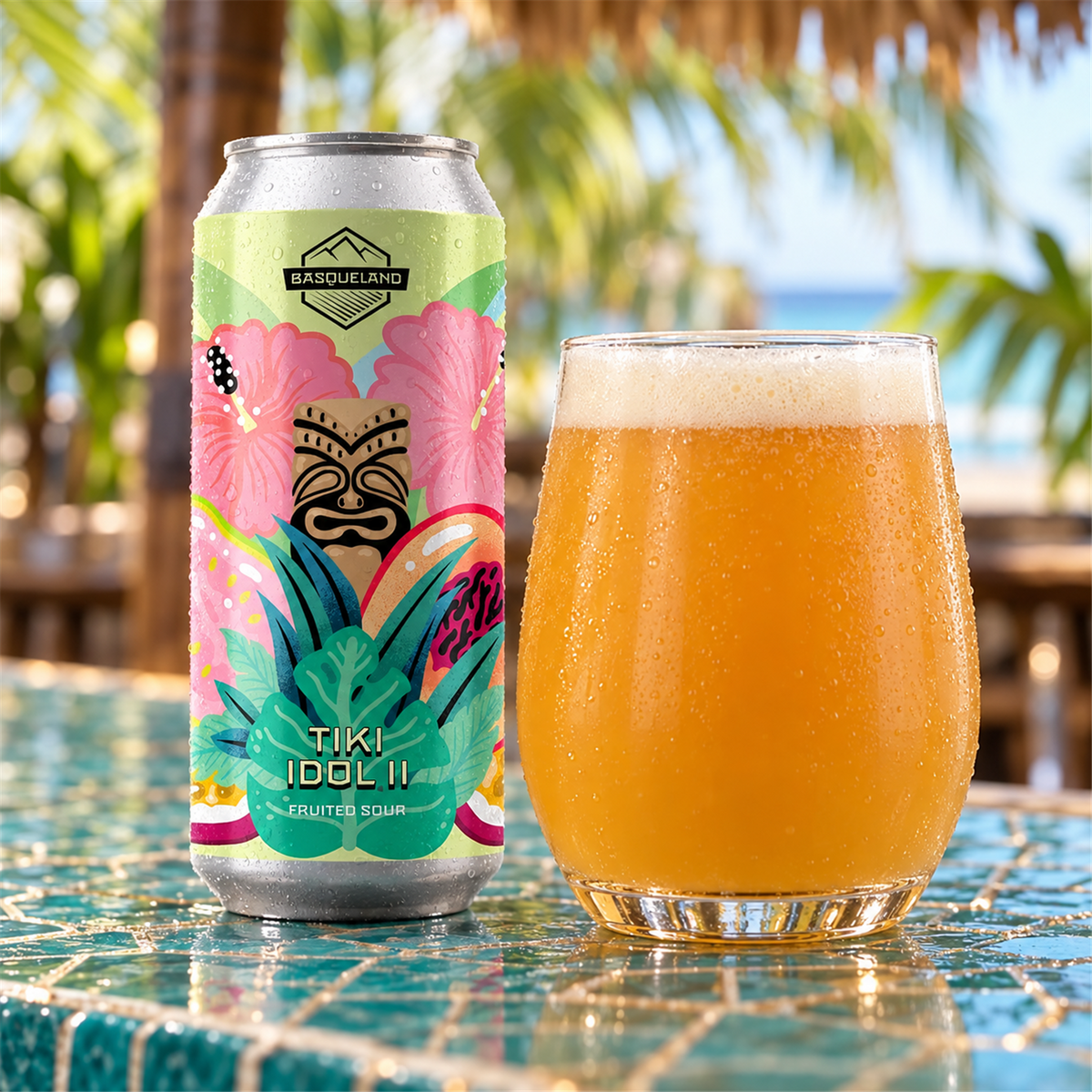 Basqueland Tiki Idol II: bebida servida en vaso junto a su envase