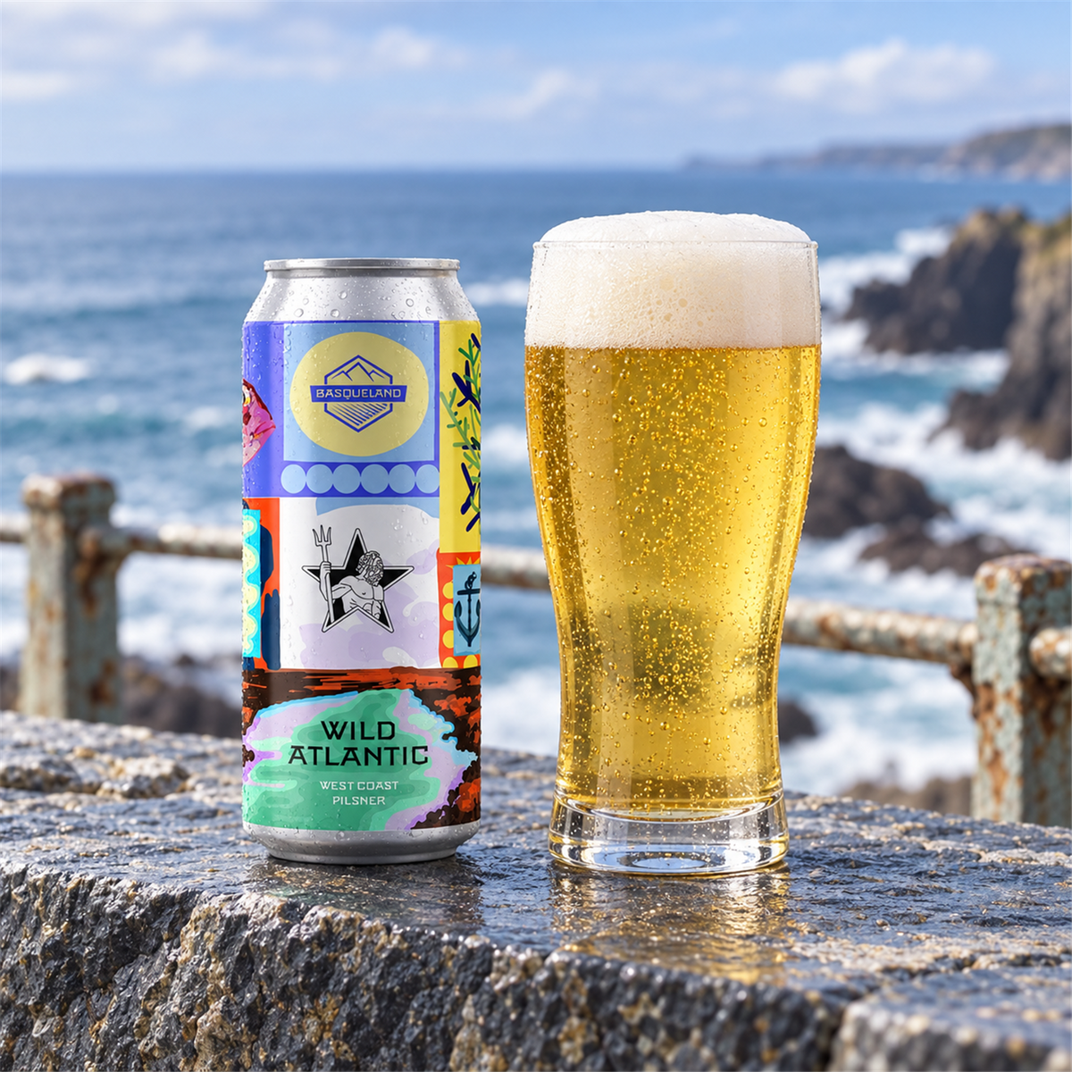 Basqueland Wild Atlantic: bebida servida en vaso junto a su envase