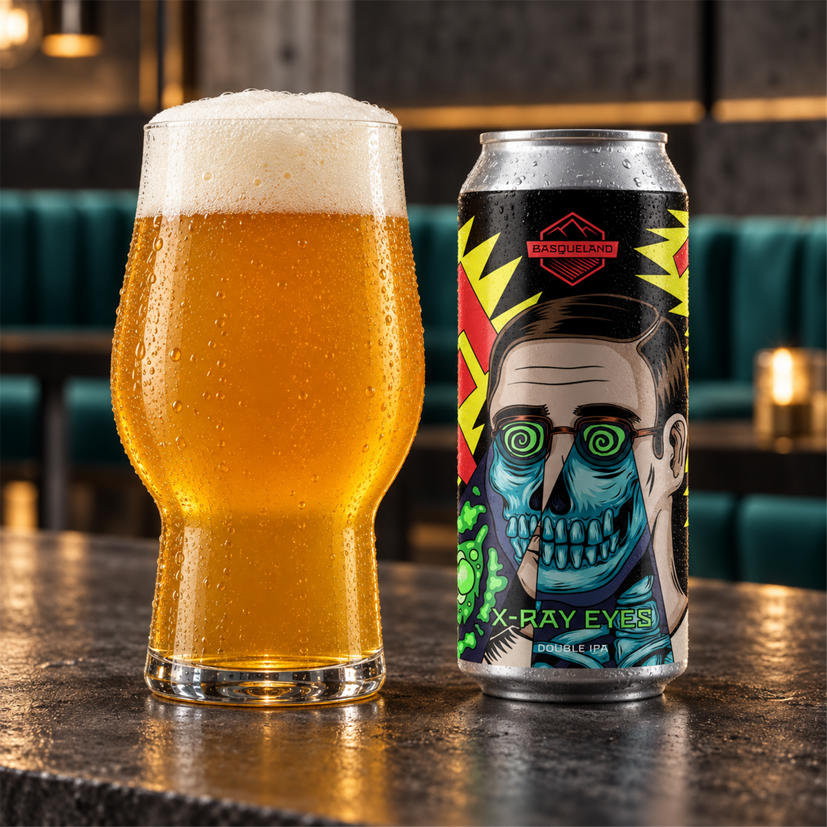 Basqueland X-Ray Eyes: bebida servida en vaso junto a su envase