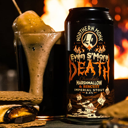 Northern Monk Even S’More Death: lata junto a cerveza servida en ambiente