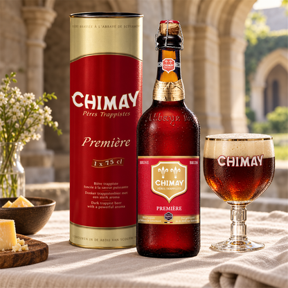 Chimay Première 75cl en tubo metálico: bebida servida en vaso junto a su envase