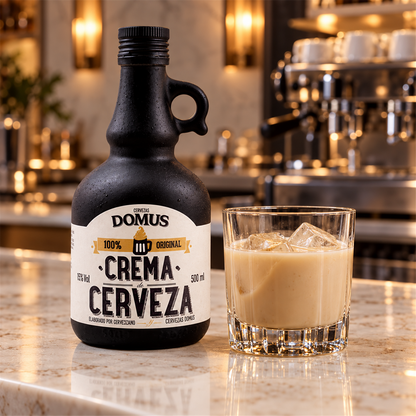 Domus Crema de cerveza 50cl: bebida servida en vaso junto a su envase