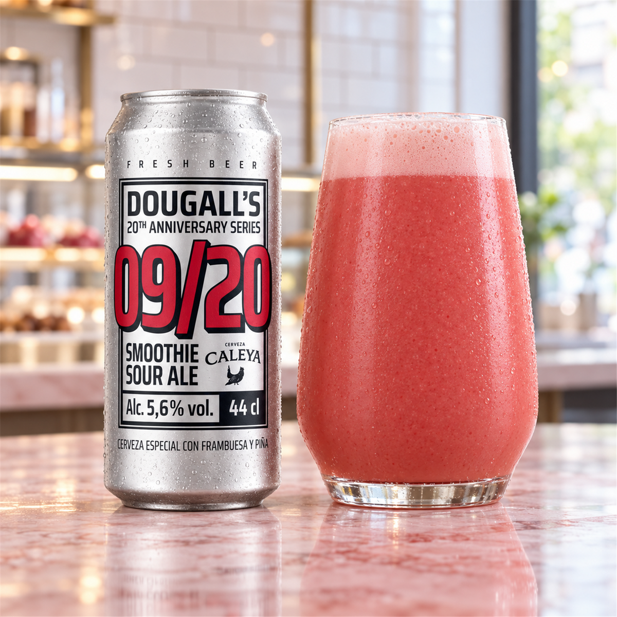 Dougall's 09/20: bebida servida en vaso junto a su envase