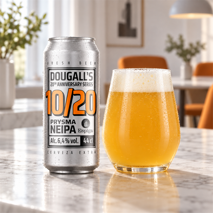 Dougall's 10/20: bebida servida en vaso junto a su envase