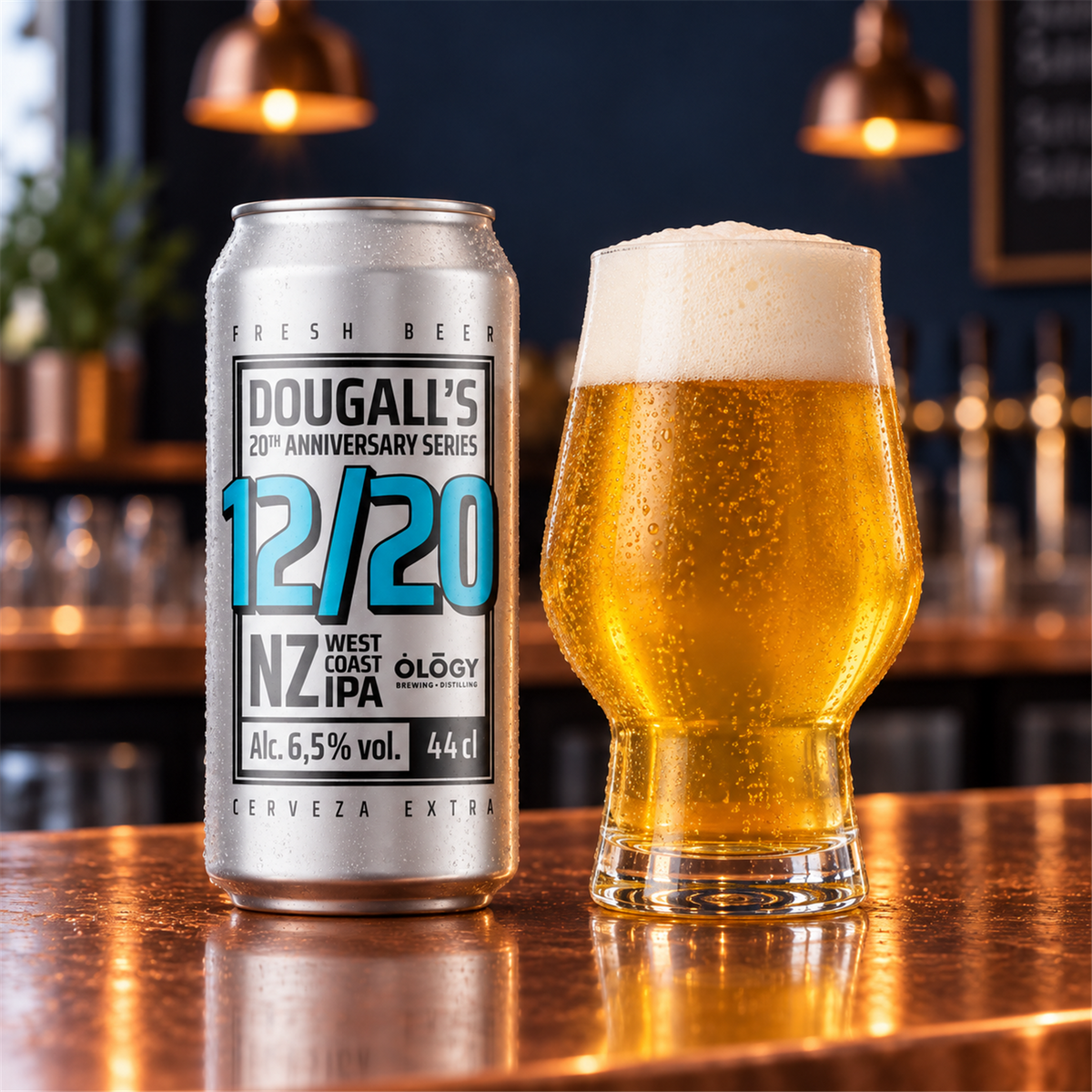 Dougall's 12/20: bebida servida en vaso junto a su envase
