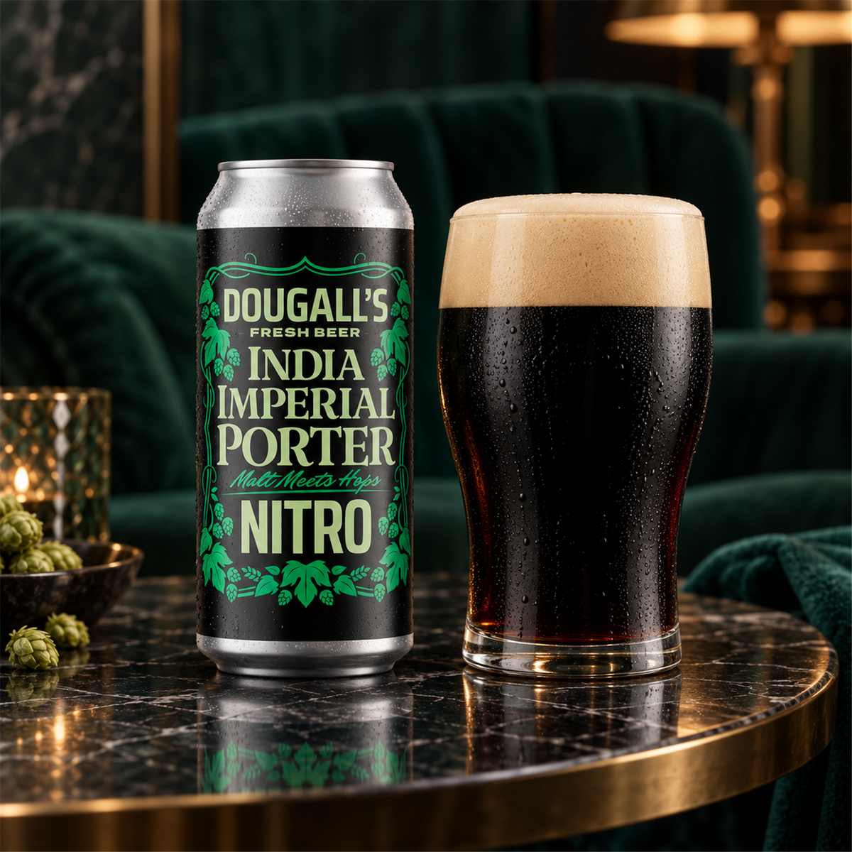 Dougall's Nitro: bebida servida en vaso junto a su envase