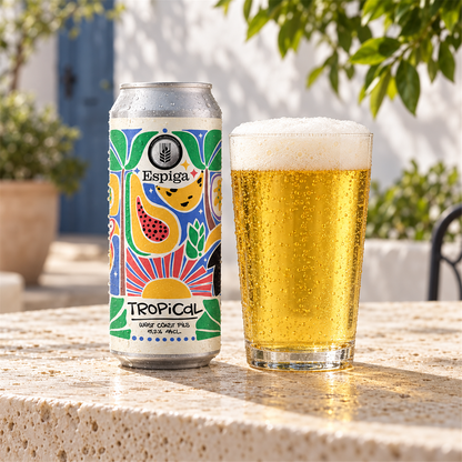 Espiga Tropical: bebida servida en vaso junto a su envase