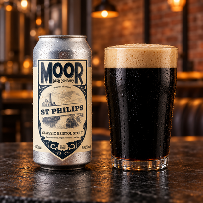 Moor St Philips Stout: bebida servida en vaso junto a su envase