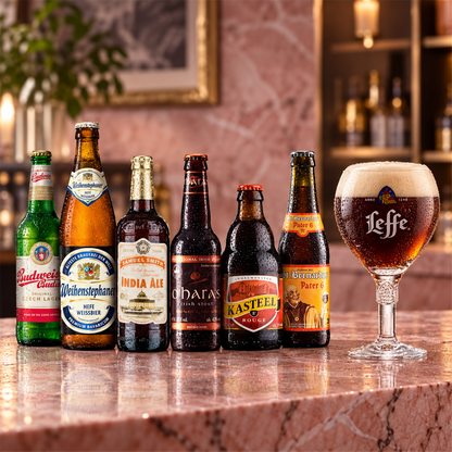 Pack iniciación Cervezas: bebida servida en vaso junto a su envase