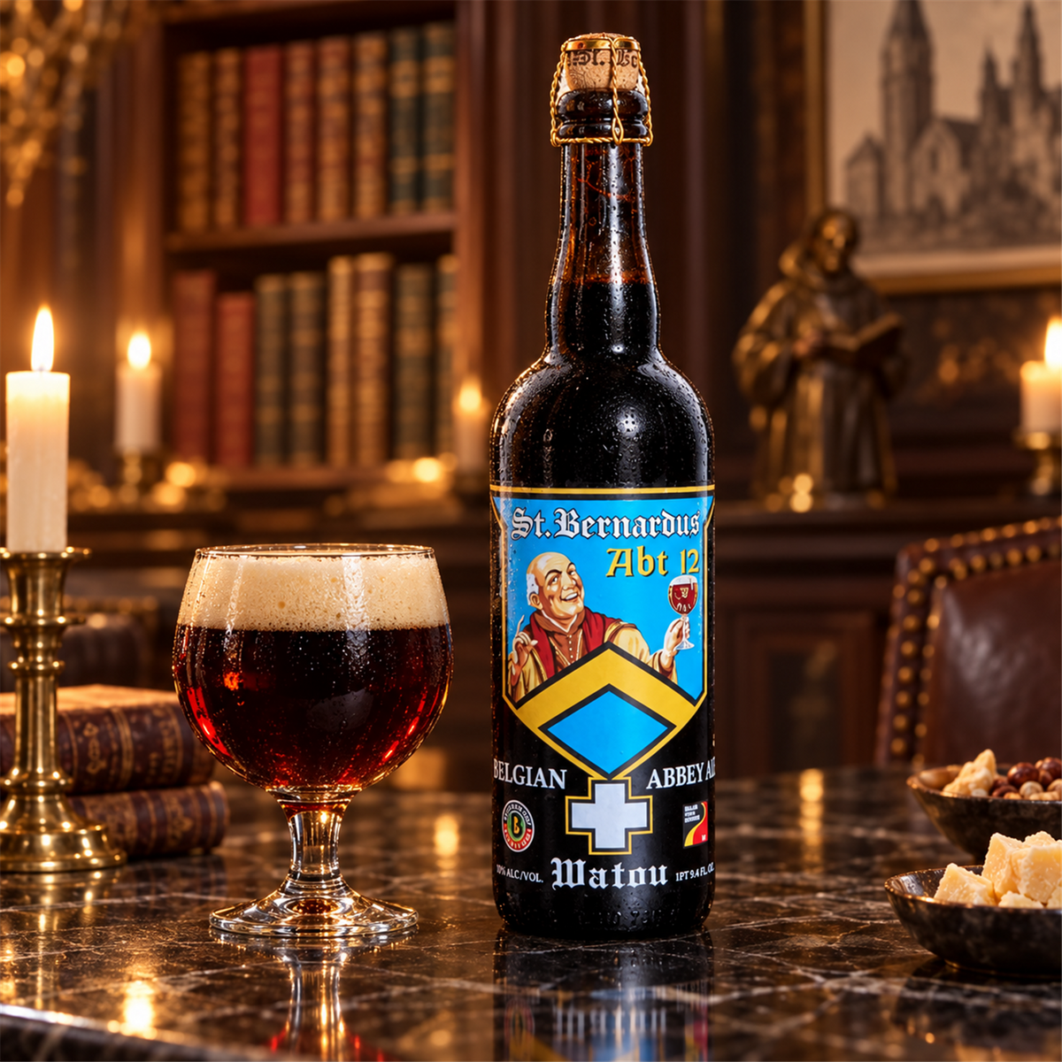 St. Bernardus ABT 12 75cl: bebida servida en vaso junto a su envase